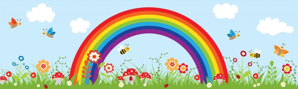 Illustration of blue sky with a multicolored rainbow and nature