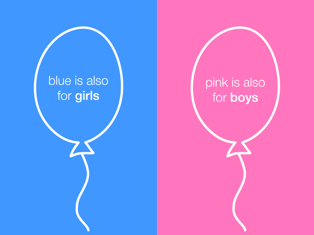 Breaking gender stereotypes with graphic saying pink and blue colors are for both girls and boys
