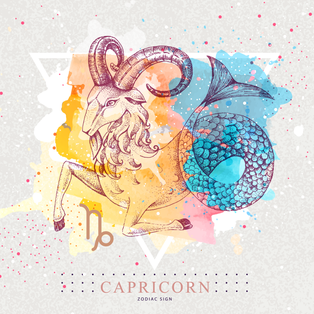 Capricorn zodiac sign with colorful goat with fish tail