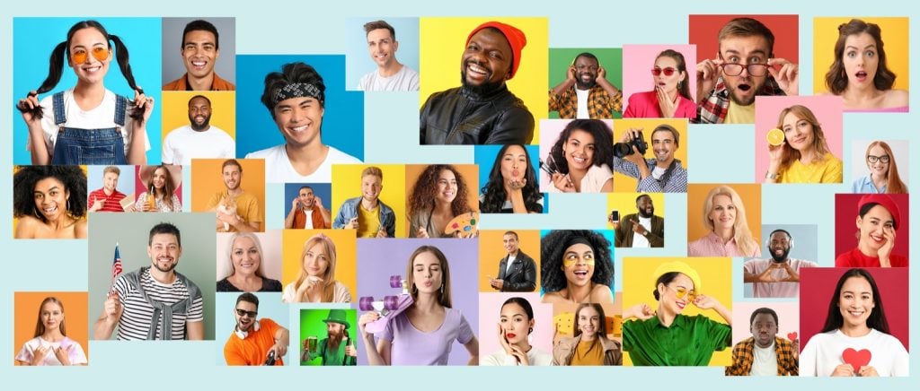 Collage with photos of people from different ethnic groups and genders