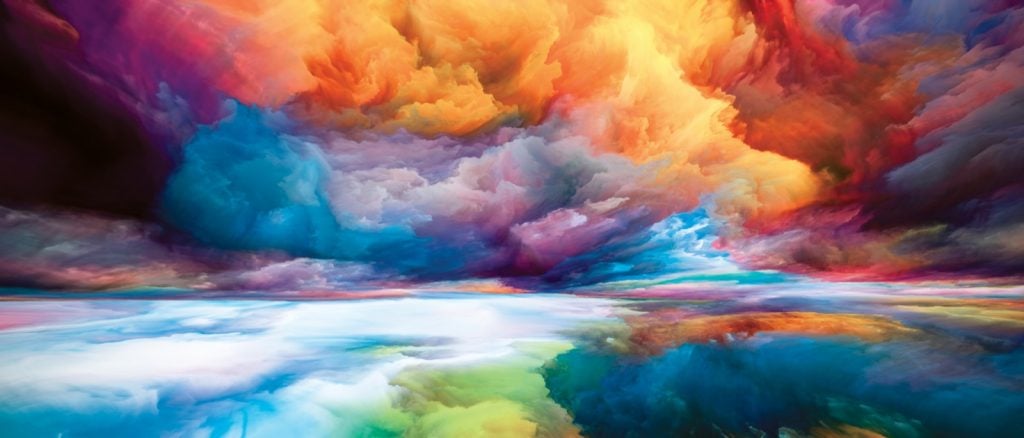 Colorful landscape composed of bright paint motion gradients and surreal mountains and clouds symbolizing the imagination