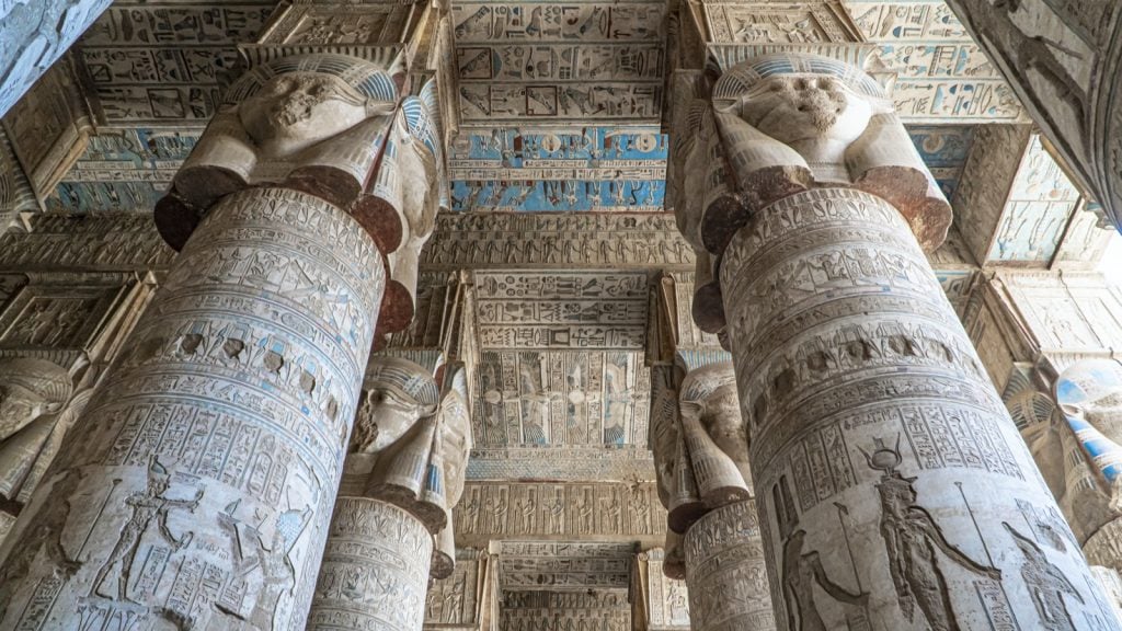 The Dendera temple of Hathor in Egypt with its blue painted ceiling