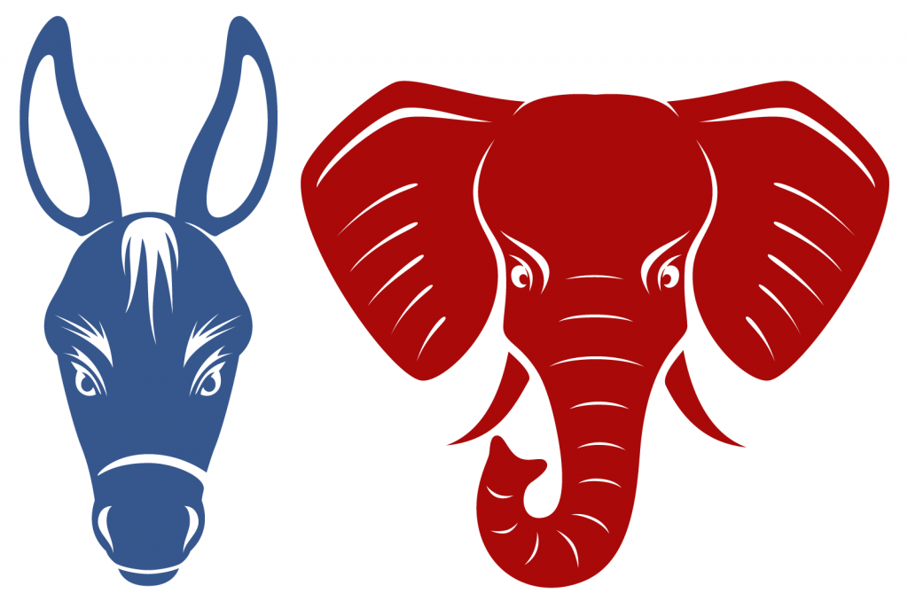 Blue donkey and red elephant representing the Democratic and Republican political parties of the United States