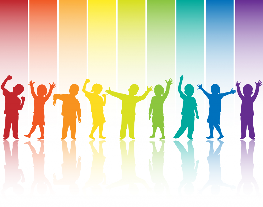 Regenbogenfarbene Silhouetten von Kindern, die unterschiedliche Emotionen zeigen