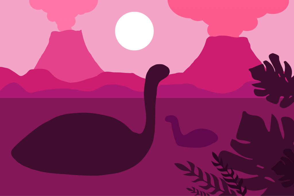 Floating dinosaurs in a lake on a pink colored background with volcanoes