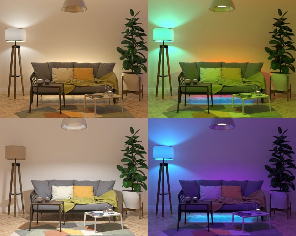 Four different colored light sources set up in a living room
