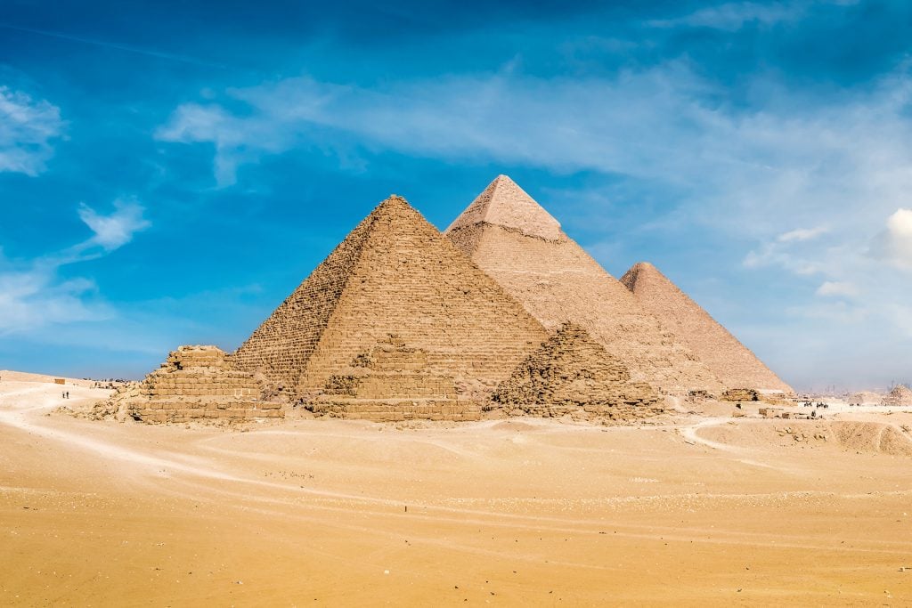 The Great Pyramids of Giza in Egypt were once covered in white limestone