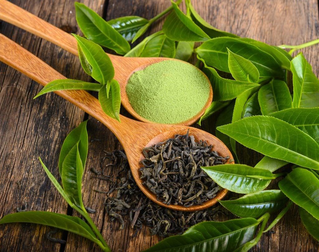 Dried green tea leafs and powder on wooden background