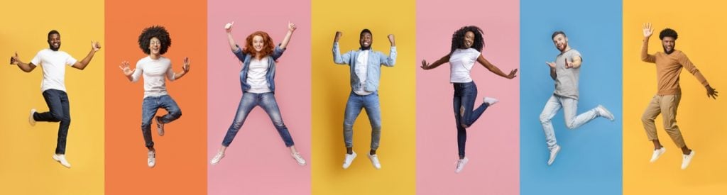 Collage of happy people jumping on colorful backgrounds