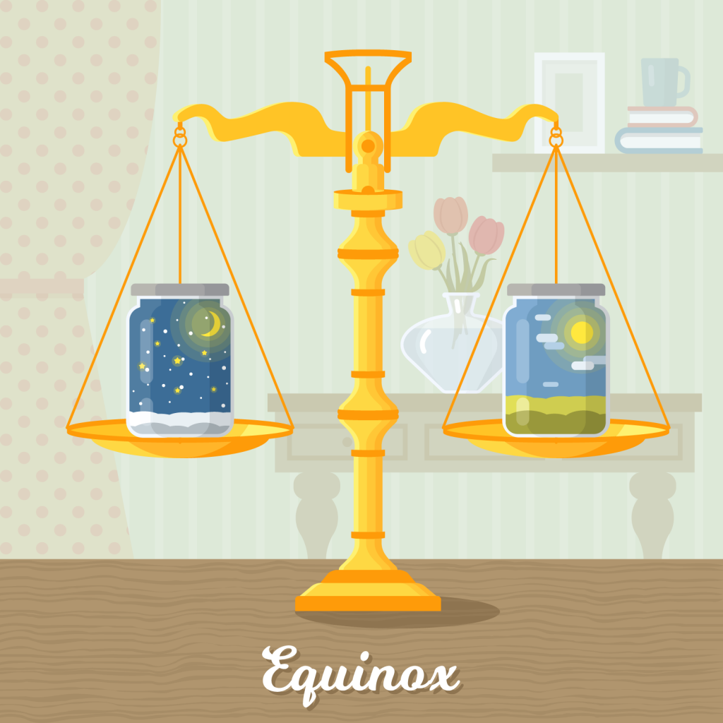 Illustration of the vernal equinox with scales and jars symbolizing equal daytime and nighttime