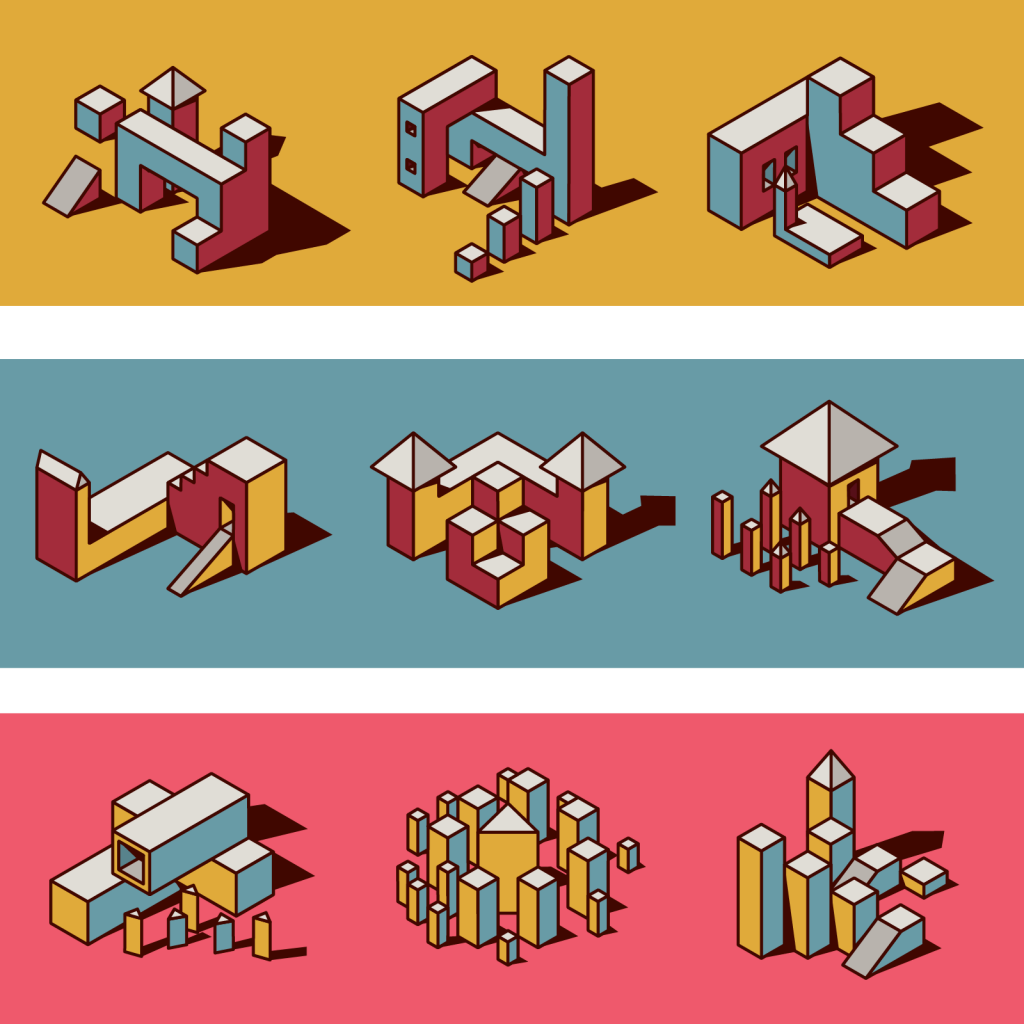 Set of isometric geometry in toned down triadic colors