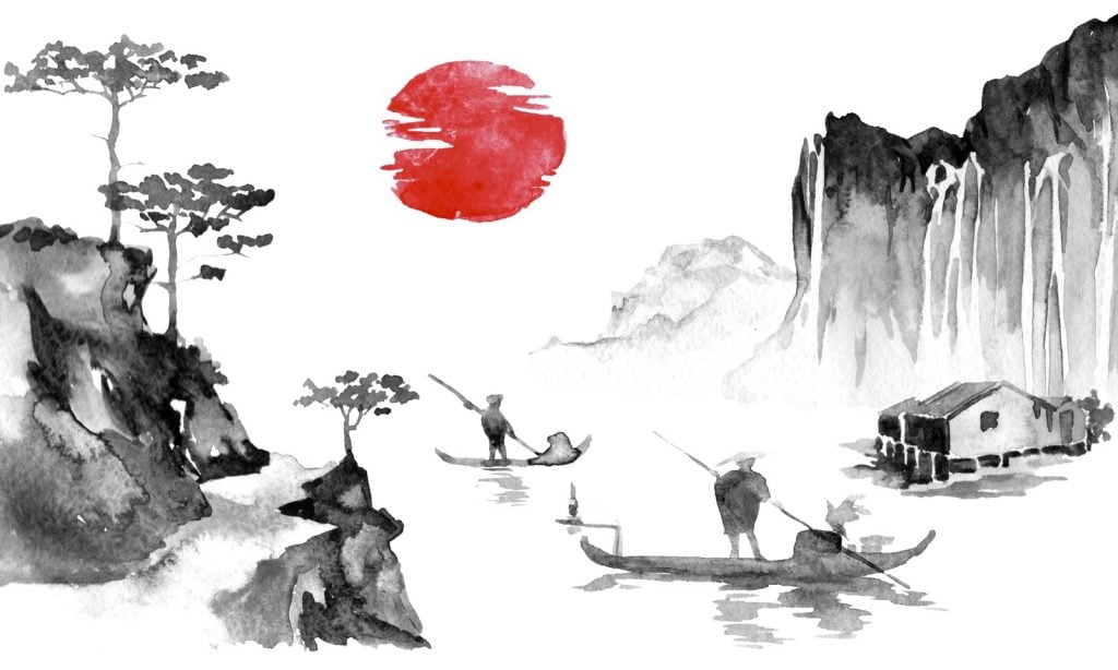 Japanese sumi-e ink painting with men in boats at sunset