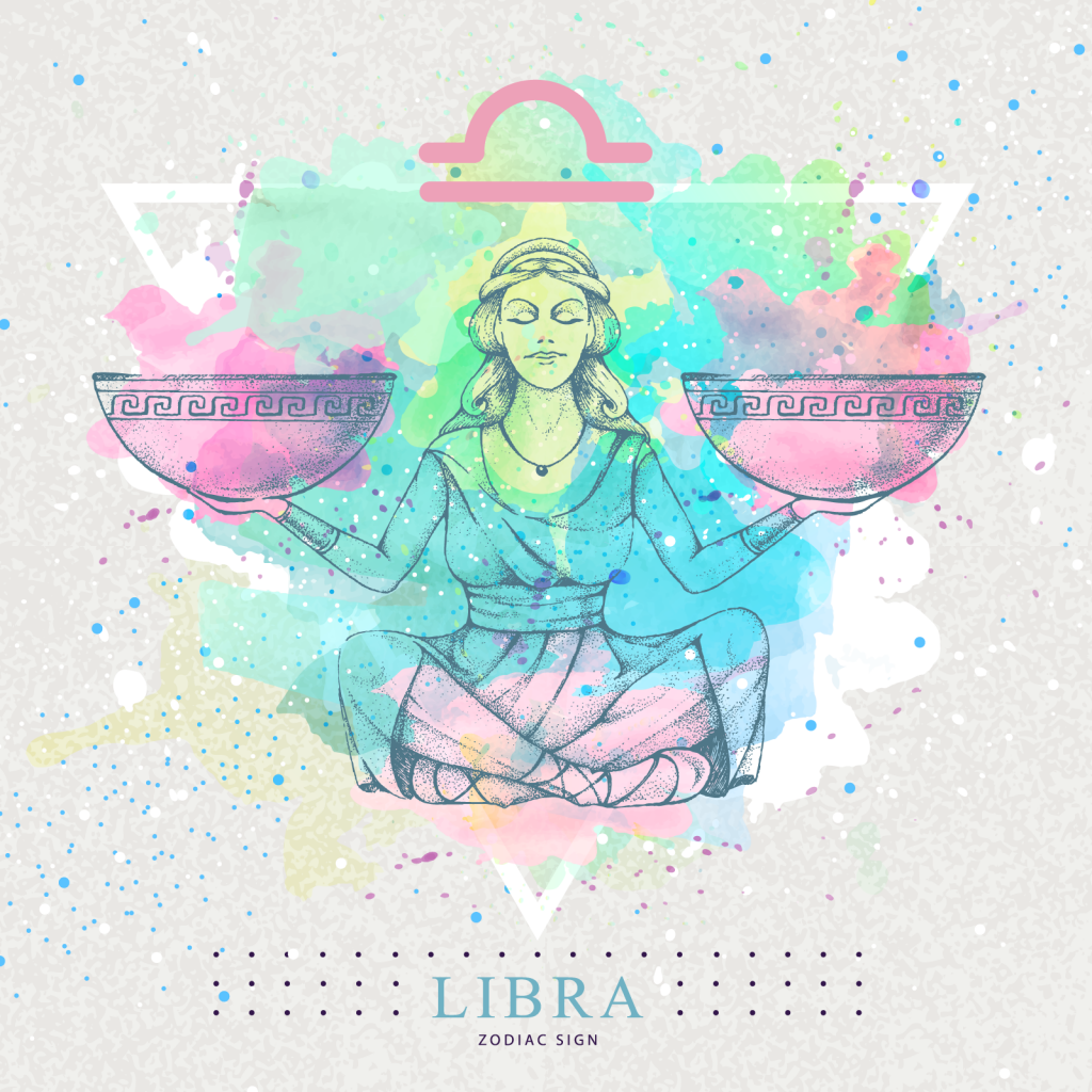 Libra zodiac sign with colorful woman holding scales