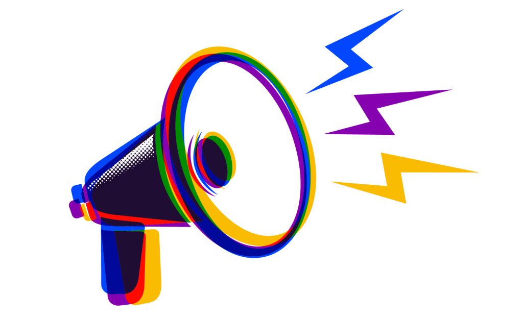 Megaphone in yellow-orange, purple and blue split-complementary colors