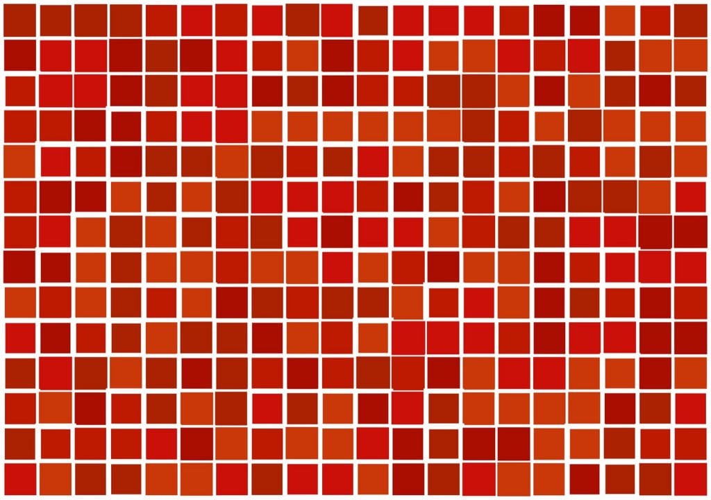 Mosaic squares with similar shades of red orange colors