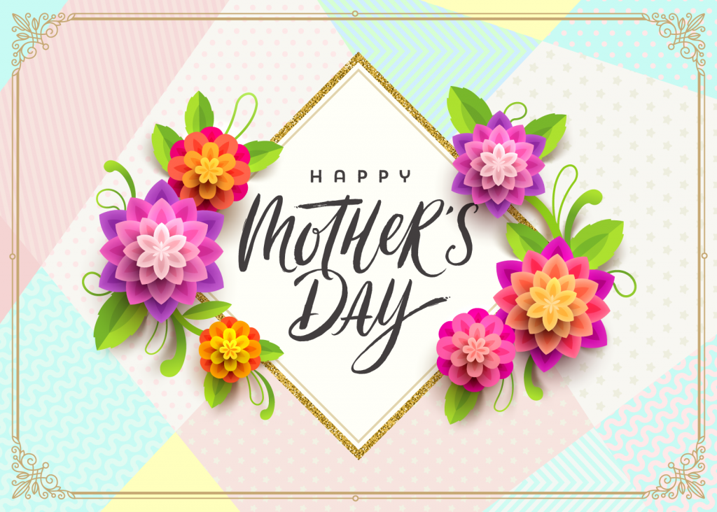 Mother's Day greeting card in green, yellow, red, blue, and pink colors