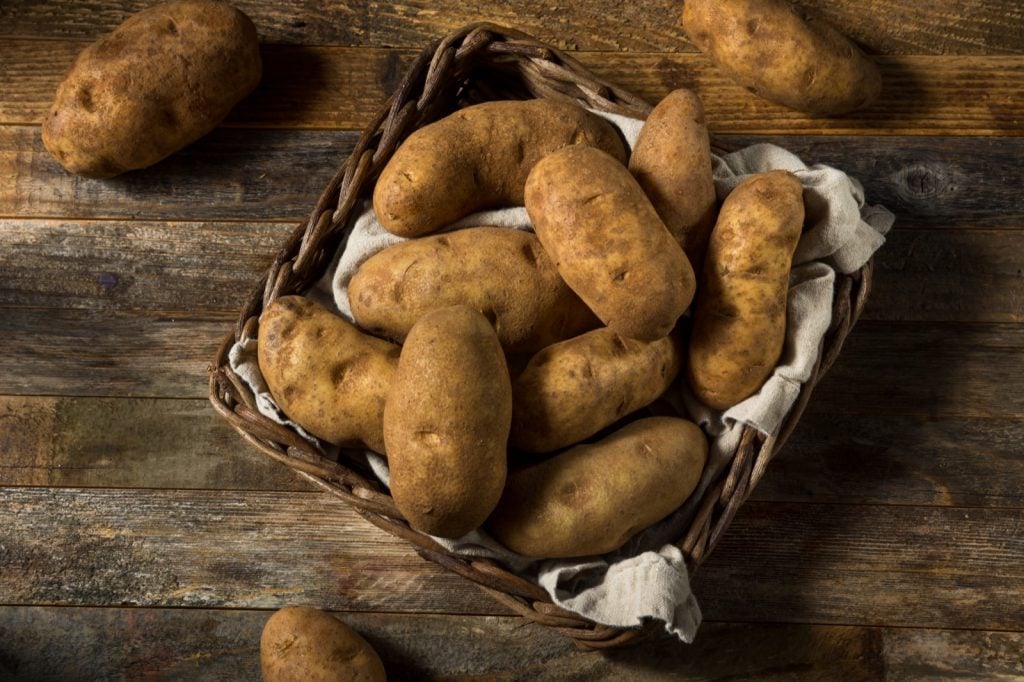 Raw brown russet potatoes in a wooden basket