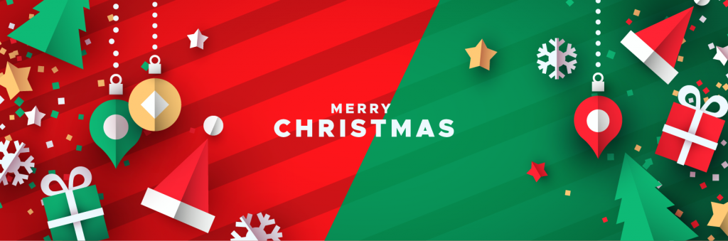 Christmas banner in red and green colors with holiday ornaments