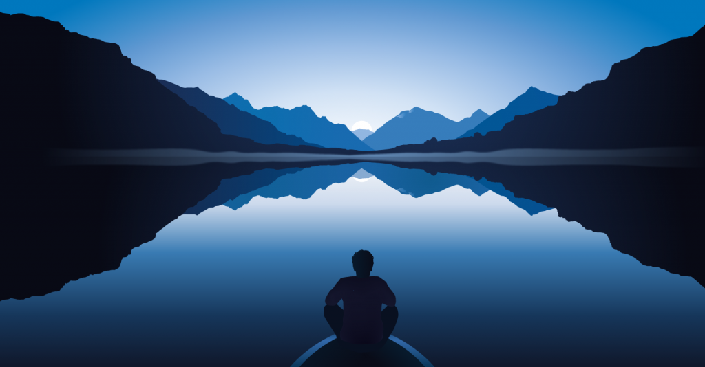 Illustration of relaxed man sitting near calm blue lake with mountains in the background