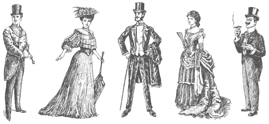 Retro illustration of men and woman in gray Victorian clothing
