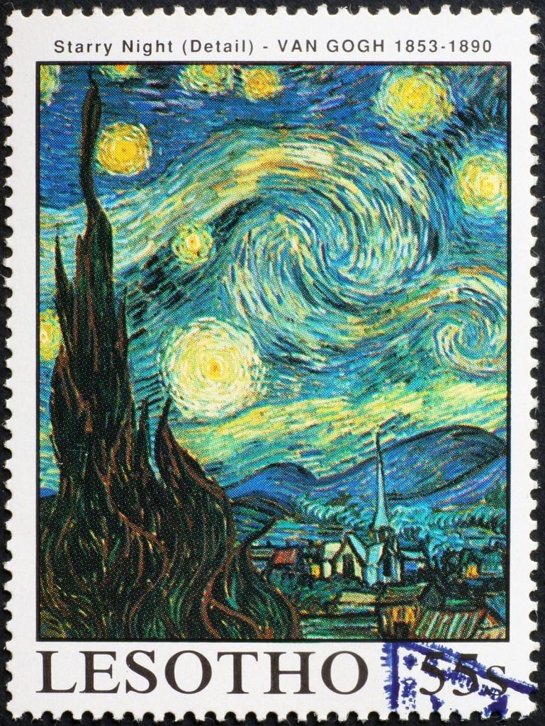 Detail from Starry Night painting by Van Gogh in low key colors on a stamp