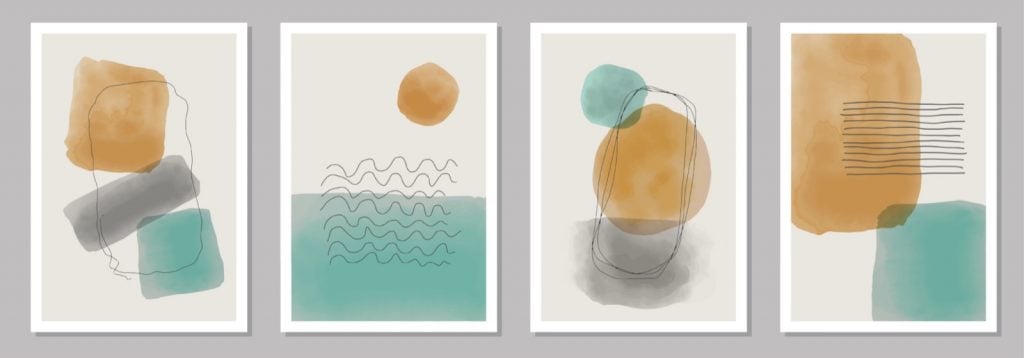 Turquoise, peach and gray hand painted drawings