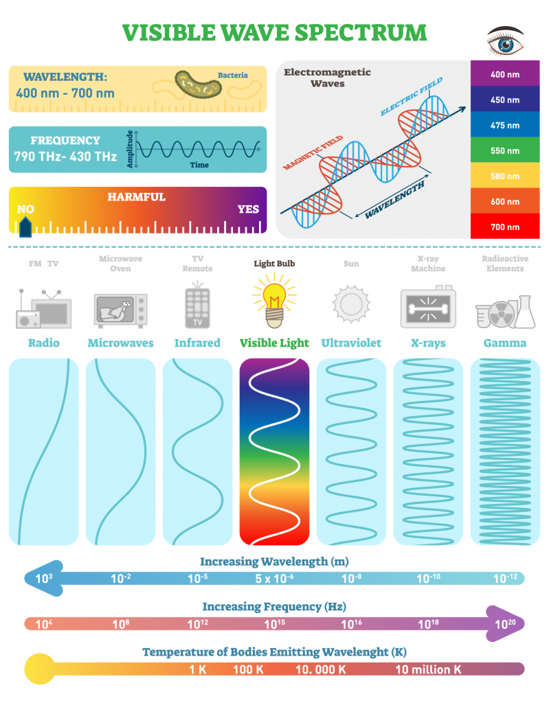 Infographic of visible light spectrum with overview of color wavelengths