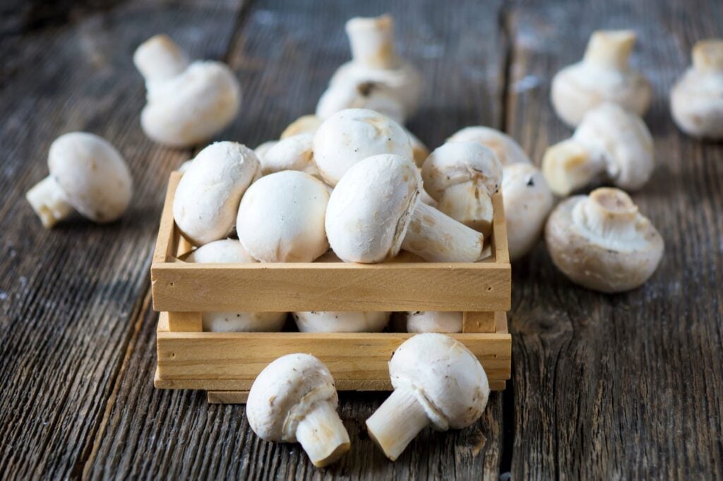 White button mushrooms in a wooden basket